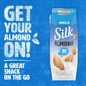 Silk Vanilla Almondmilk in a coffee cup for a creamy vanilla boost.