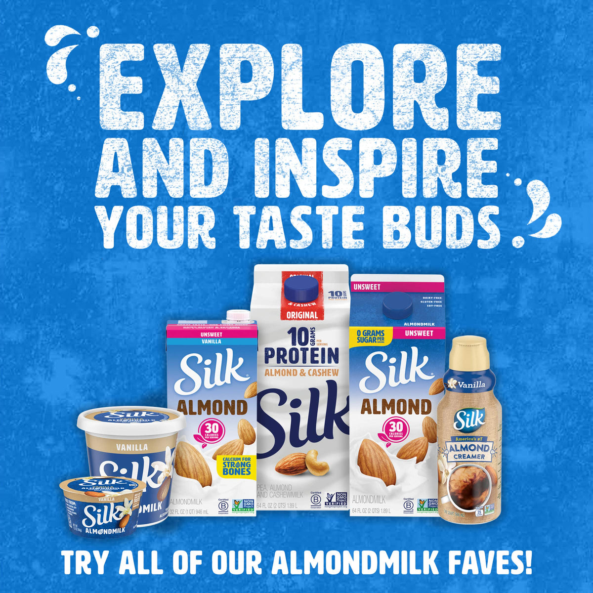 Silk Vanilla Almondmilk nutrition visuals highlight calcium and vitamin E.