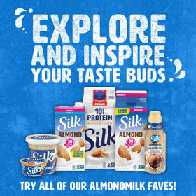 Silk Vanilla Almondmilk nutrition visuals highlight calcium and vitamin E.