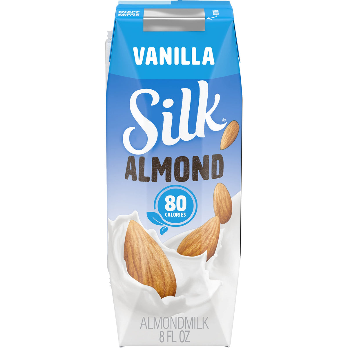 Silk Vanilla Almondmilk shelf-stable bottle for pantry storage.