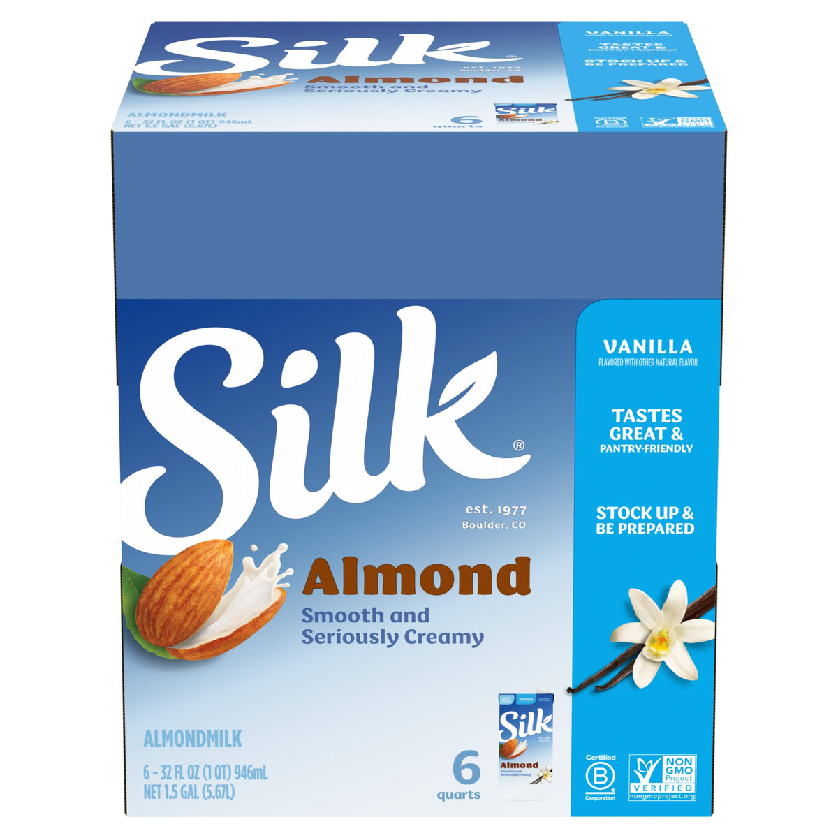 Silk Vanilla Almondmilk shelf-stable packaging keeps pantry fresh without refrigeration.