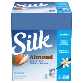 Silk Vanilla Almondmilk shelf-stable packaging keeps pantry fresh without refrigeration.