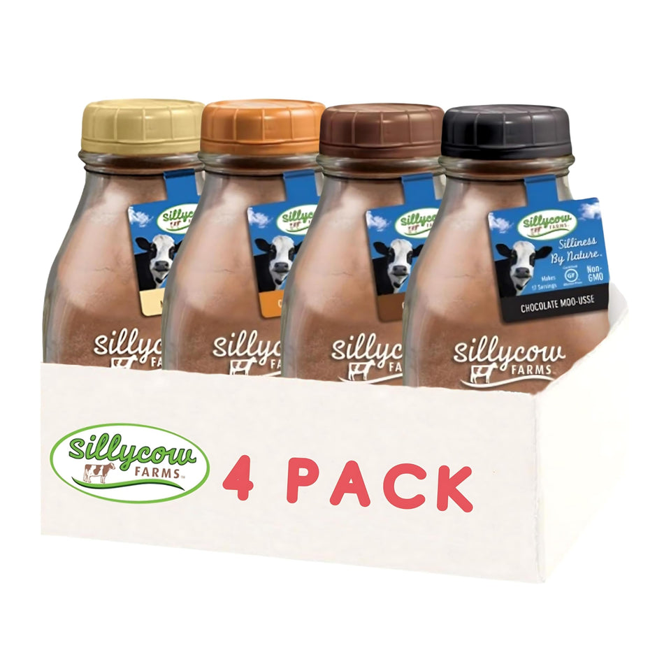 Silly Cow Farms hot chocolate variety pack displayed in a glass bottle for cozy moments