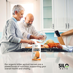 SILO Nuts organic bitter apricot kernels packaging highlights farm-direct freshness