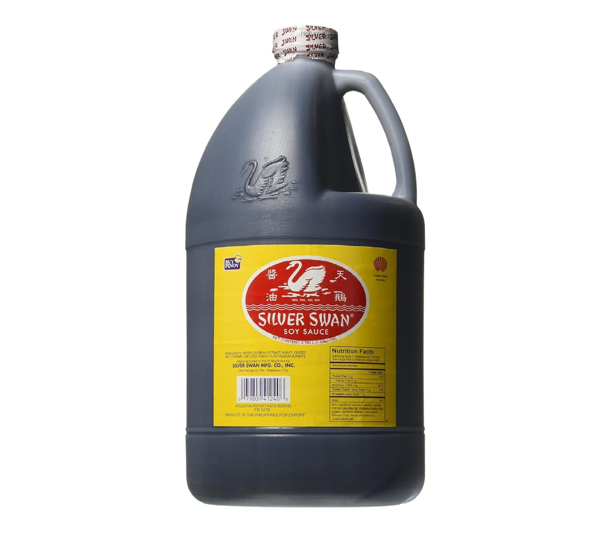 Silver Swan Soy Sauce bottle for versatile Filipino cooking with milder flavor.
