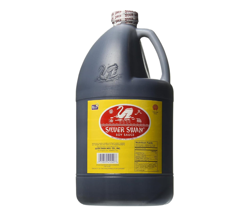 Silver Swan Soy Sauce bottle for versatile Filipino cooking with milder flavor.