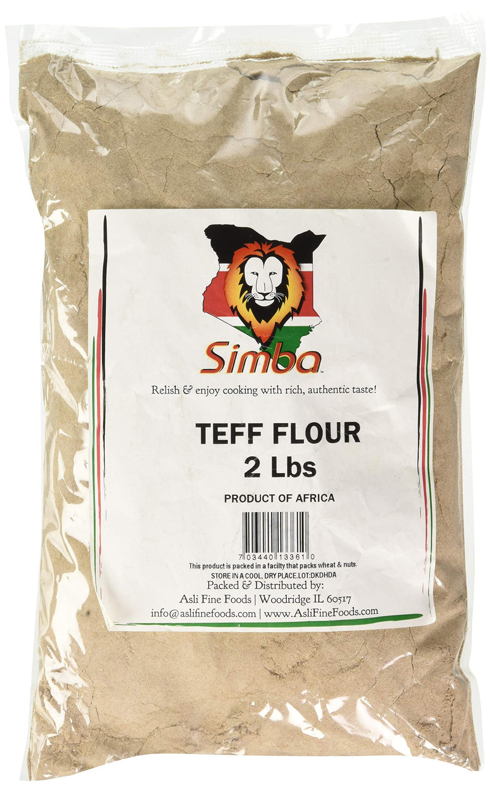 Simba Teff Flour bag; gluten-free, nutrient-rich whole grain ideal for injera and baking.