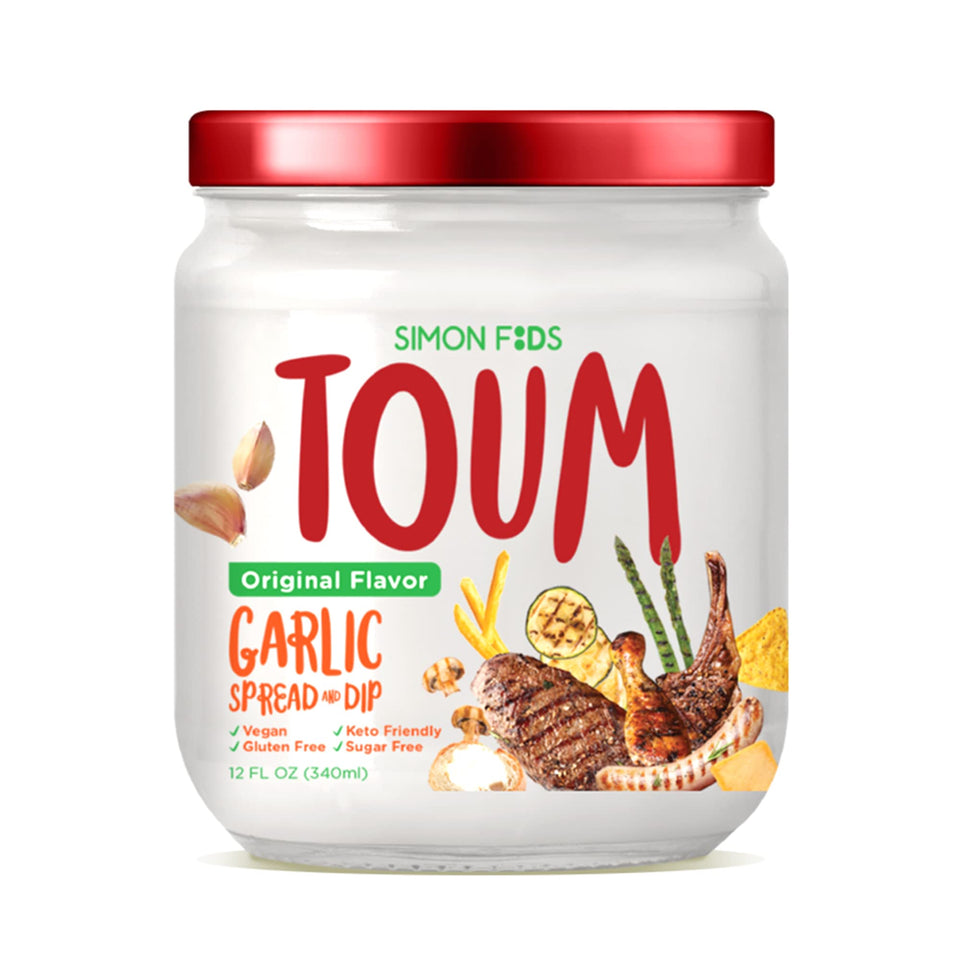 Simon Foods TOUM bottle pour showing garlicky spread for quick use