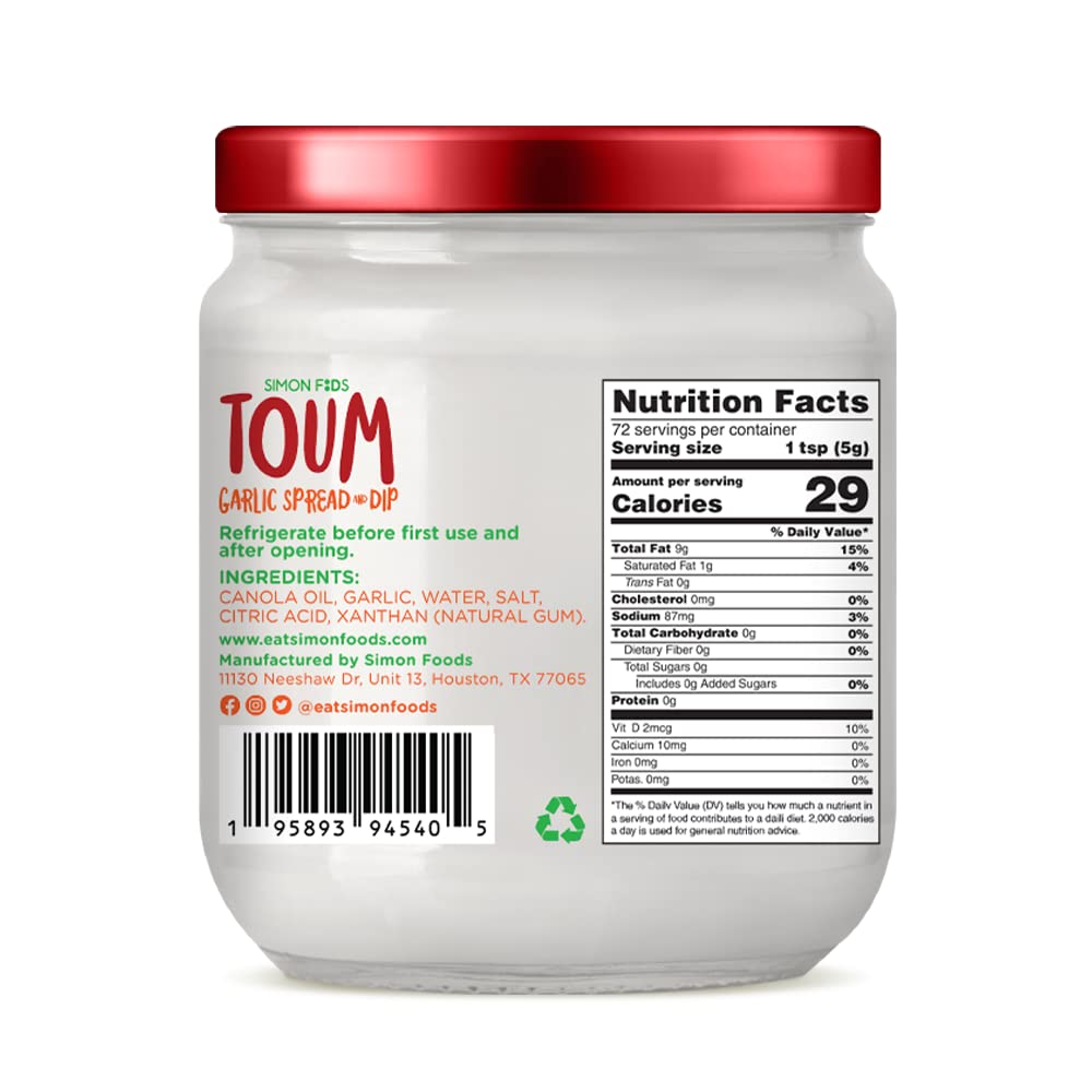 Simon Foods TOUM label close-up highlighting natural ingredients and nutrition notes
