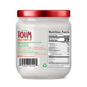 Simon Foods TOUM label close-up highlighting natural ingredients and nutrition notes