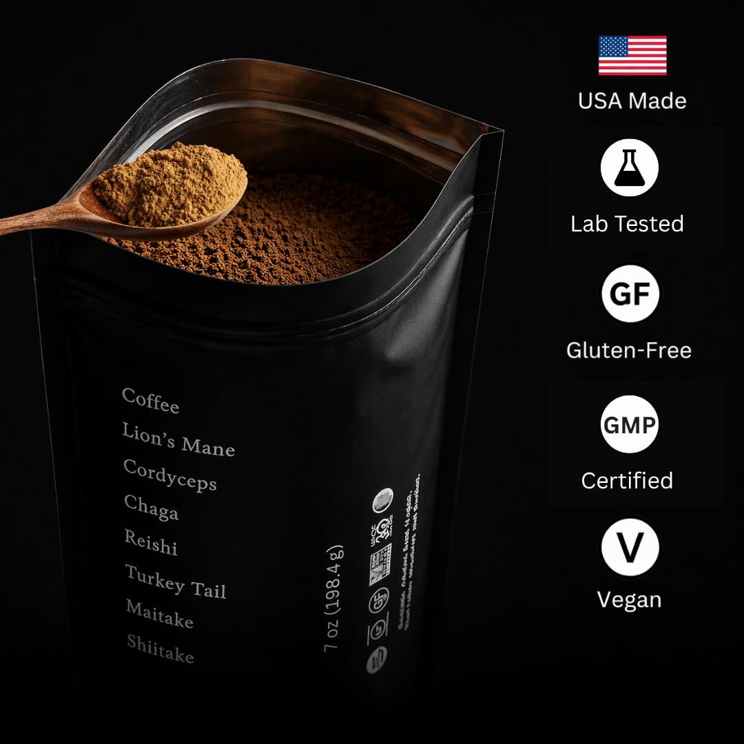 Simpl Dose Mushroom Coffee instant scoop dissolves smoothly for busy mornings.