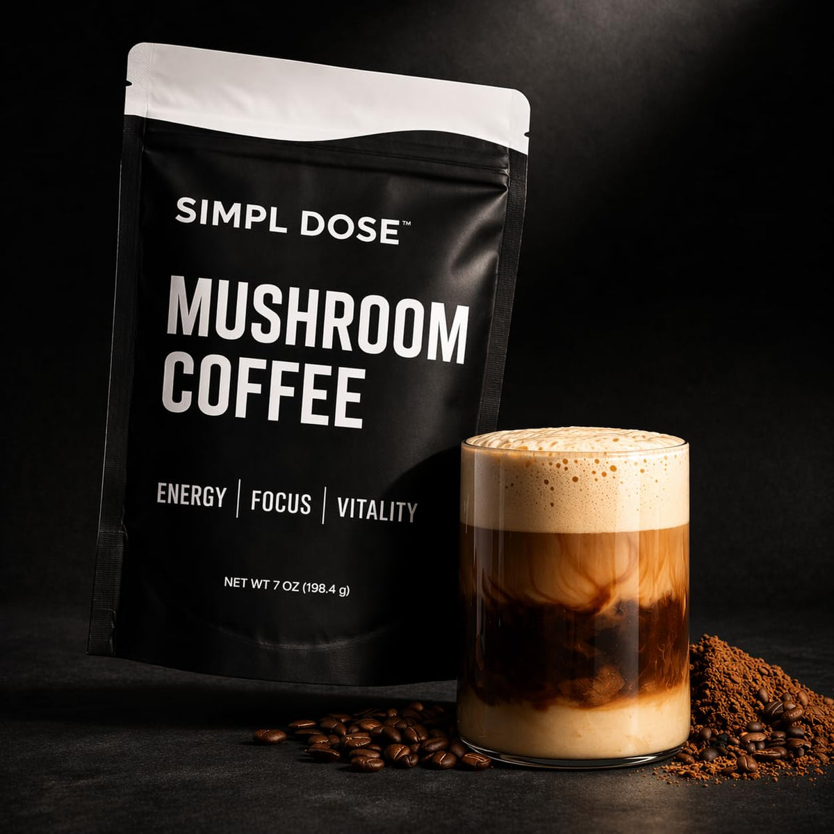 Simpl Dose Mushroom Coffee mug with creamer illustrates a daily ritual.
