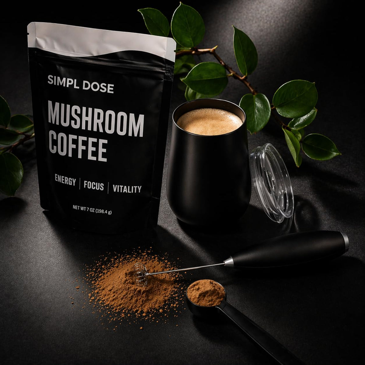 Simpl Dose Mushroom Coffee package label displays 55 servings and USA-made quality.