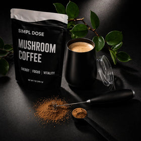 Simpl Dose Mushroom Coffee package label displays 55 servings and USA-made quality.