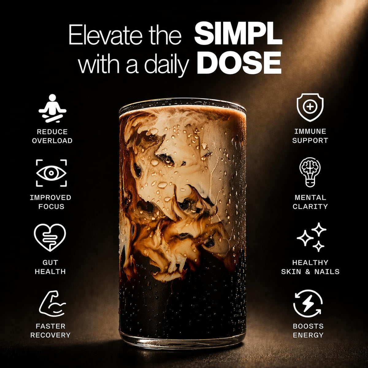 Simpl Dose Mushroom Coffee tub back reveals ingredients and benefits.
