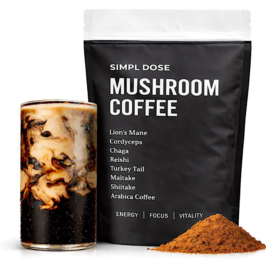 Simpl Dose Mushroom Coffee tub front shows premium energy on the label.