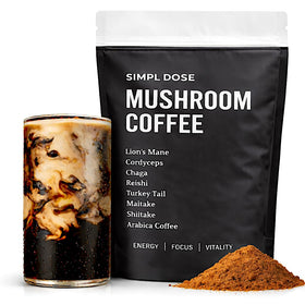 Simpl Dose Mushroom Coffee tub front shows premium energy on the label.