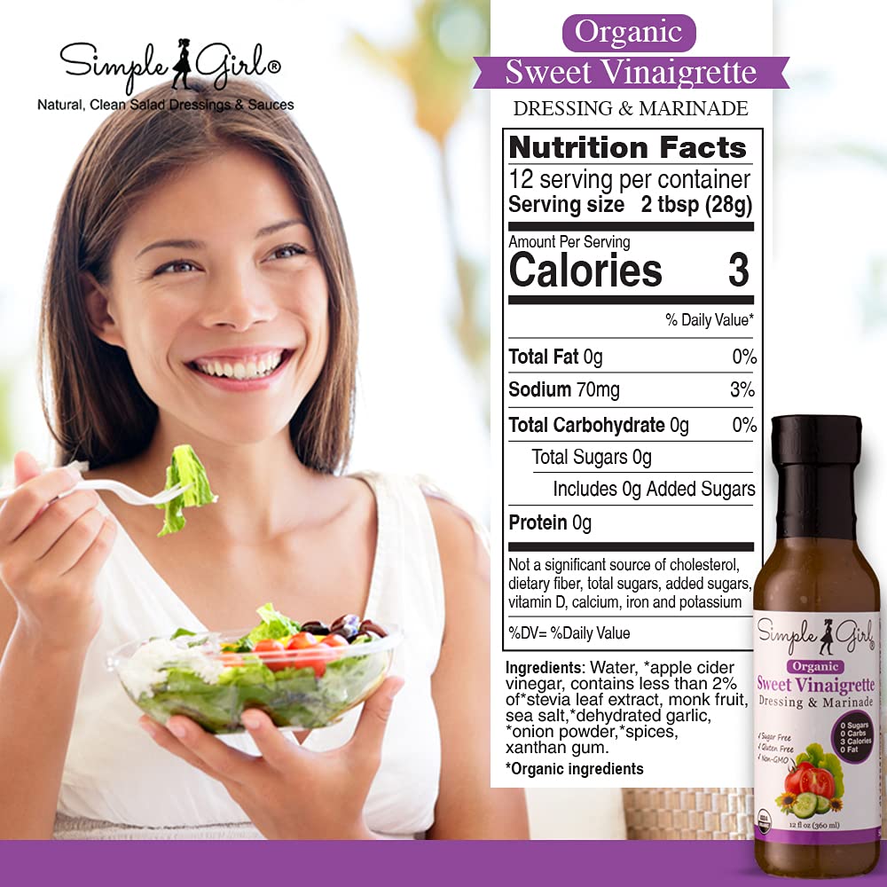 Pouring Simple Girl Organic Sweet Vinaigrette for quick, flavorful salads