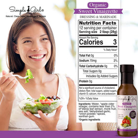 Pouring Simple Girl Organic Sweet Vinaigrette for quick, flavorful salads