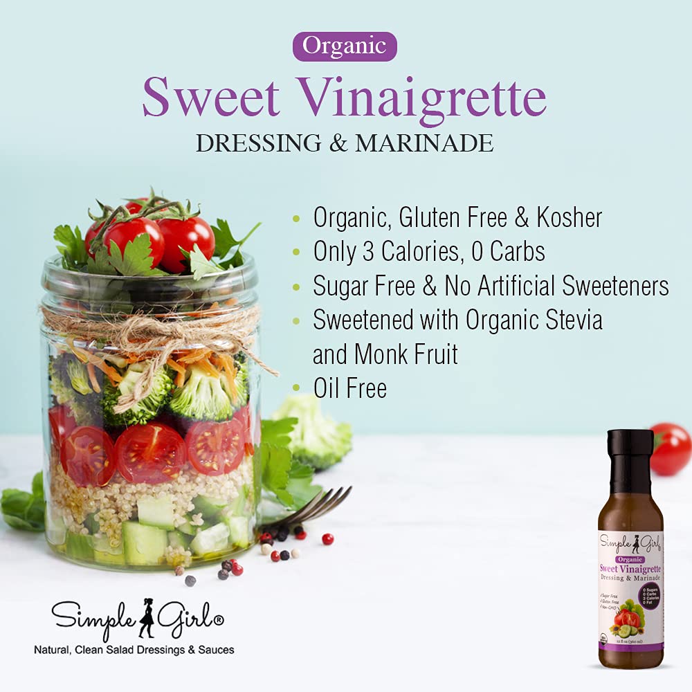 Label close-up of Simple Girl Organic Sweet Vinaigrette showing organic, kosher, vegan certifications