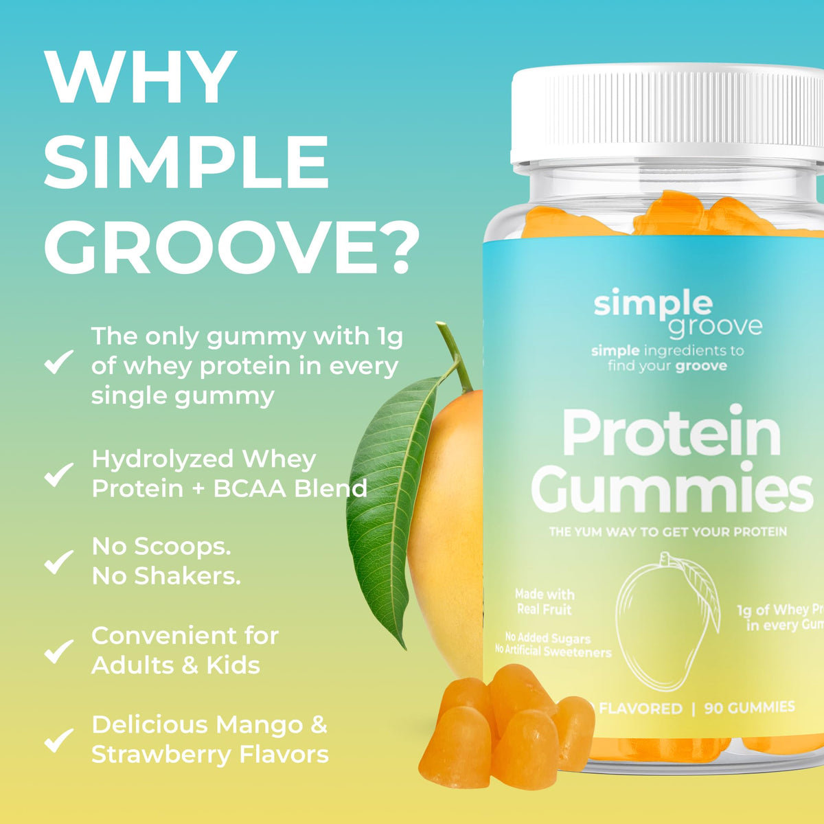 Simple Groove Protein Gummies close-up highlights chewy candy-like texture.