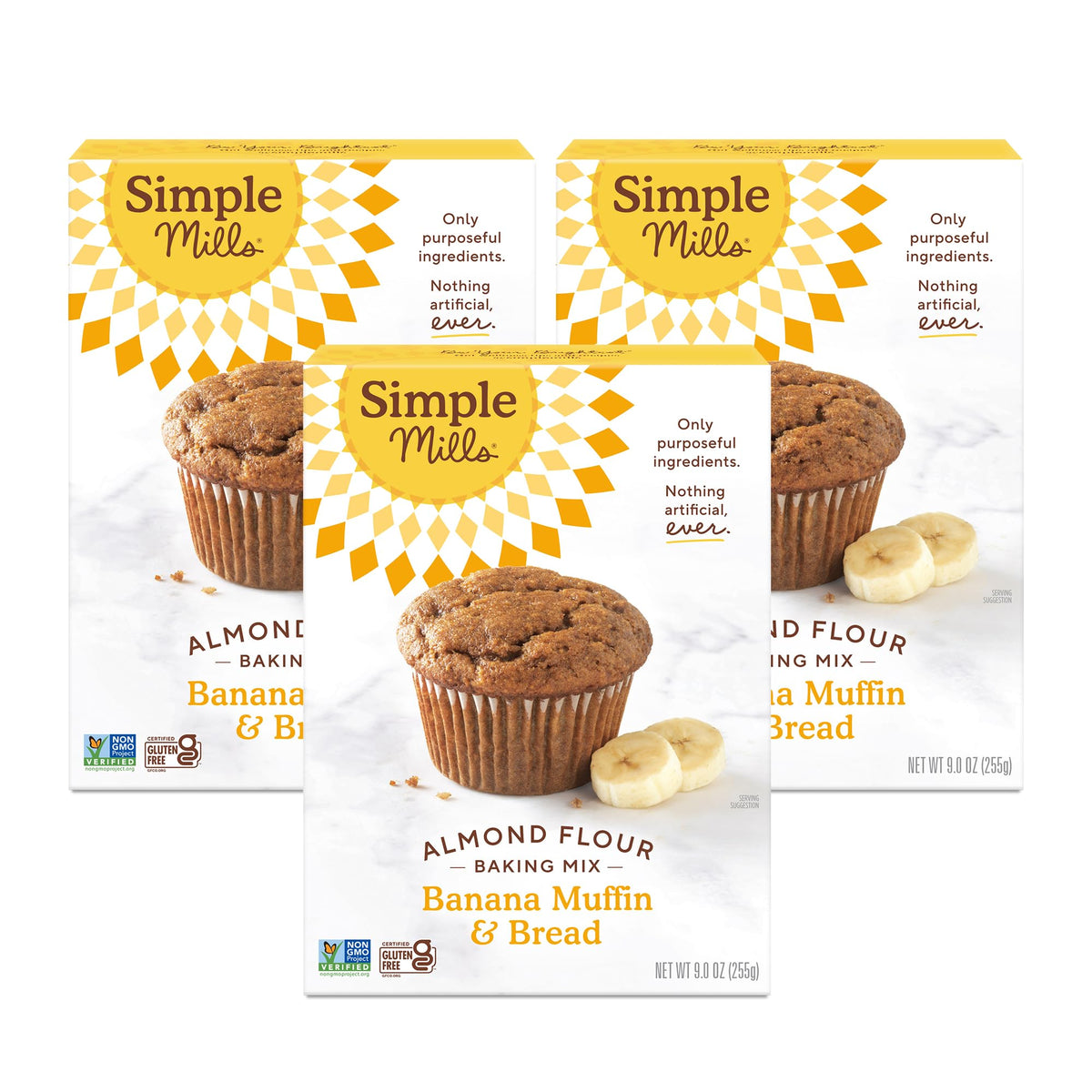 Simple Mills almond flour banana bread mix package in pantry, convenient three-pack.