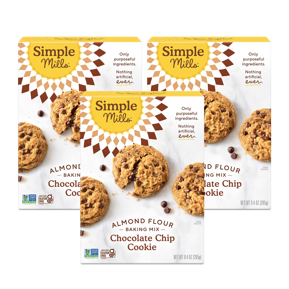 Simple Mills almond flour cookie mix box promotes gluten-free, plant-based baking.