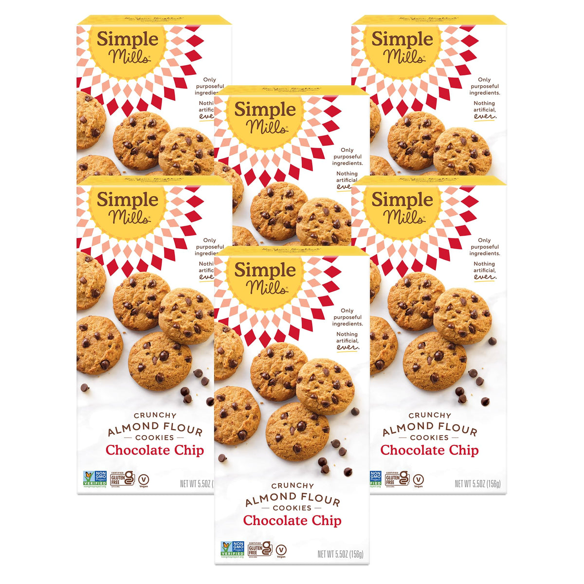 Simple Mills almond flour chocolate chip cookies packaging variation highlighting gluten-free snack option
