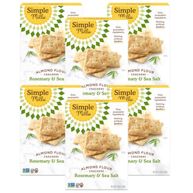 Simple Mills Rosemary & Sea Salt crackers packaging showcases a gluten-free snack option.