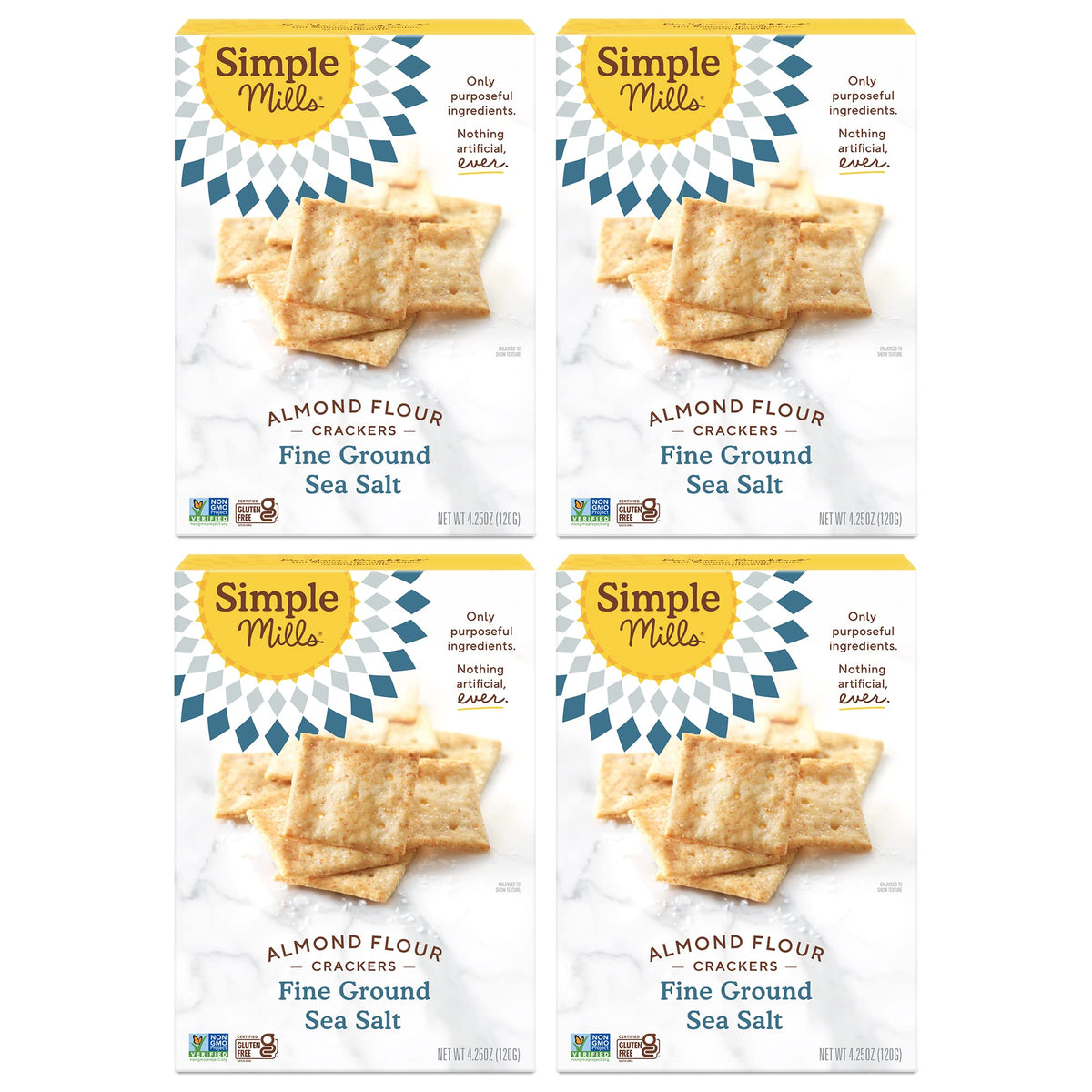 Simple Mills almond flour crackers sea salt pack of four, gluten-free and delicious.
