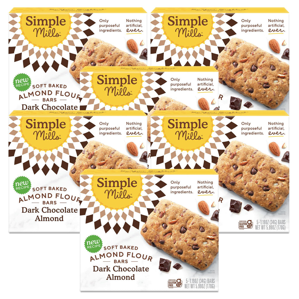 Simple Mills almond flour dark chocolate bar on-the-go snack with gluten-free appeal.