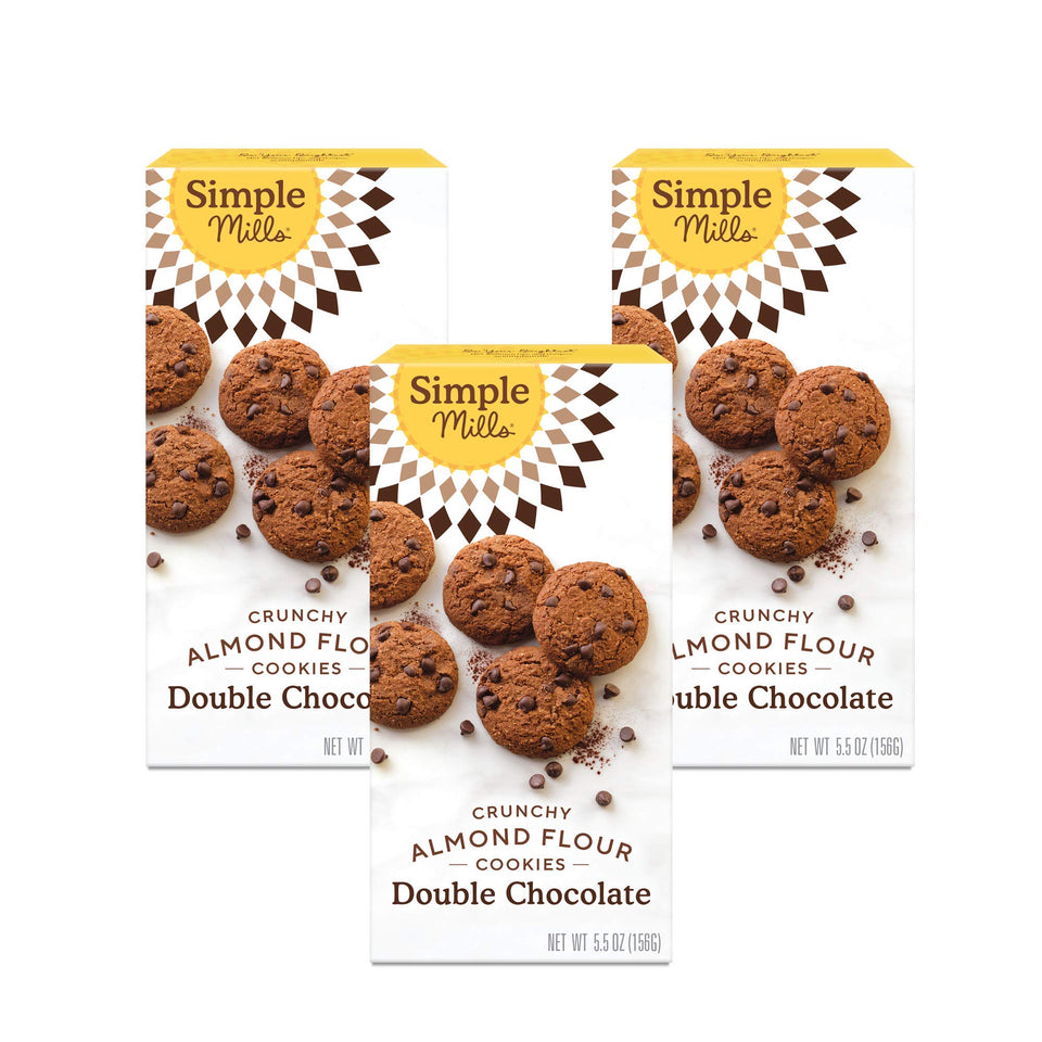 Simple Mills almond flour double chocolate chip cookies packaging shows gluten-free snack