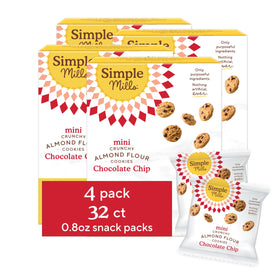 Simple Mills almond flour mini chocolate chip cookies packaging front, gluten-free on-the-go snack.