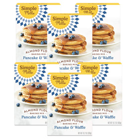 Simple Mills Almond Flour Pancake Mix six-pack box ready for quick gluten-free breakfasts.