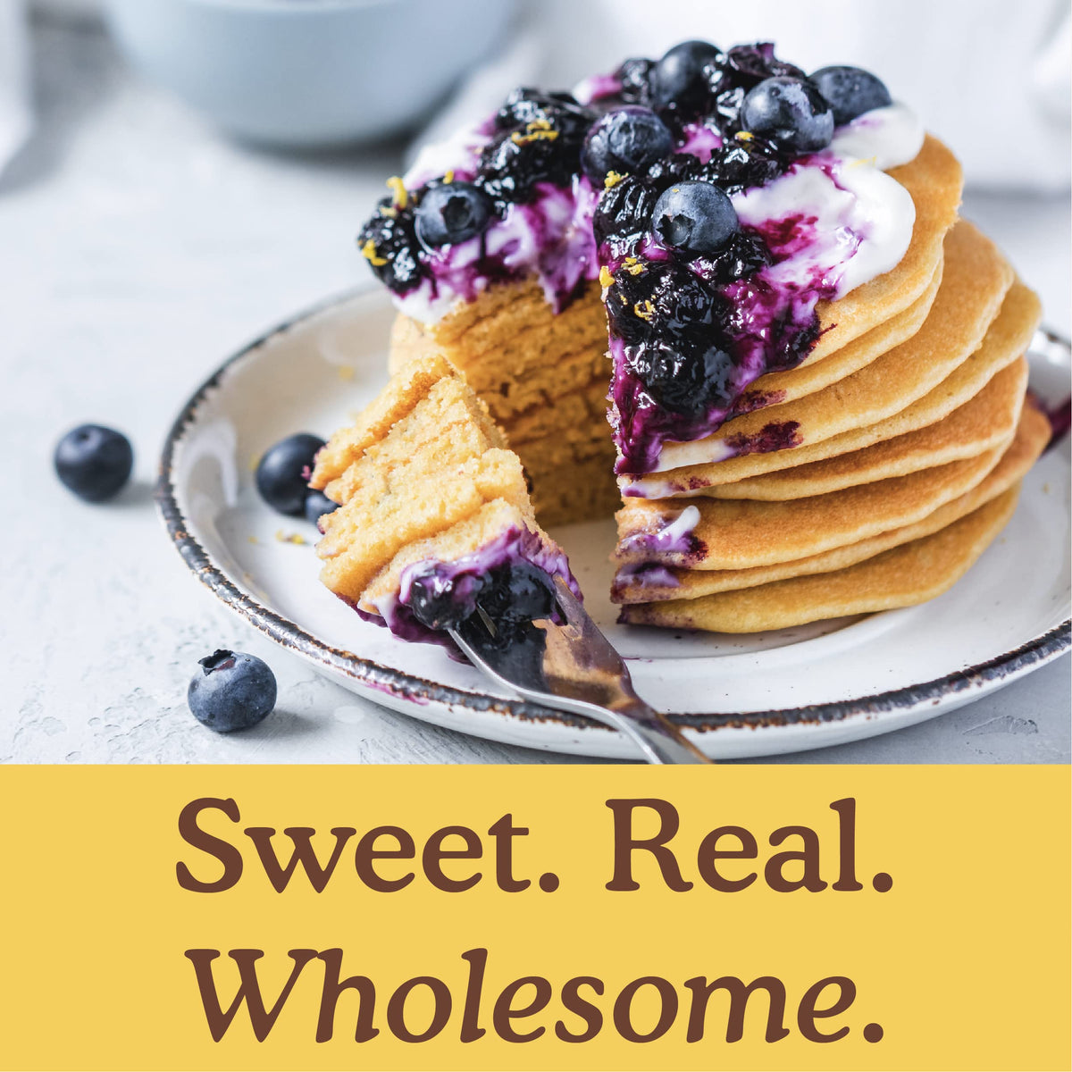 Stacked pancakes show the finished result with Simple Mills mix.