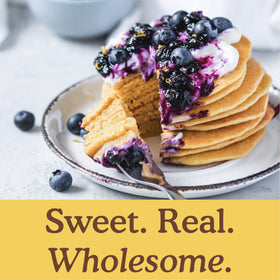 Stacked pancakes show the finished result with Simple Mills mix.
