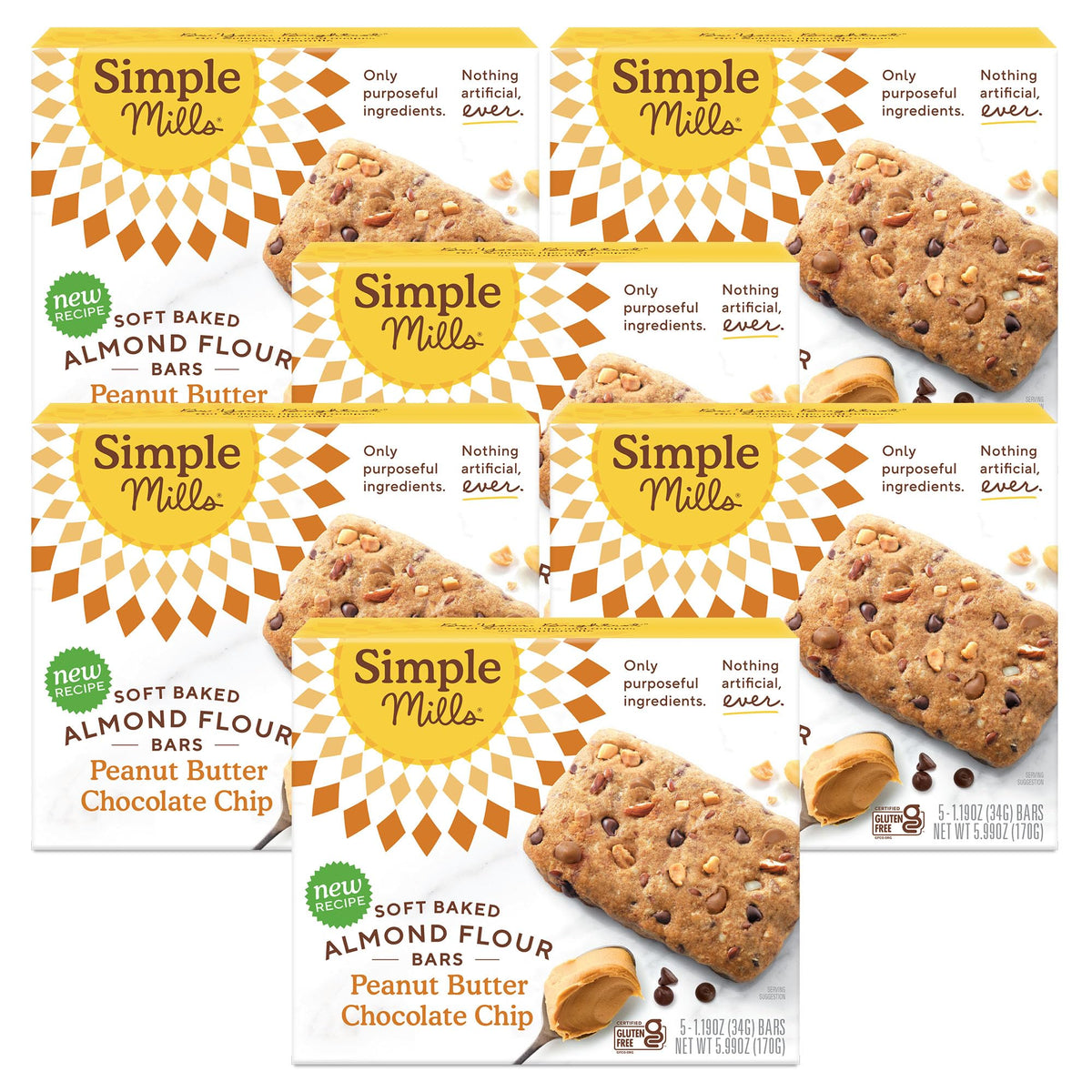 Simple Mills almond flour peanut butter chocolate bar packaging on shelf as gluten-free snack