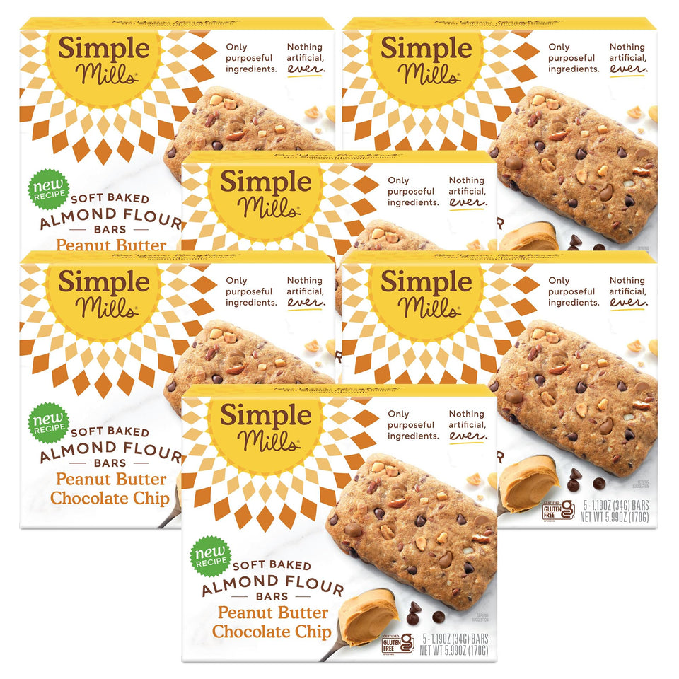 Simple Mills almond flour peanut butter chocolate bar packaging on shelf as gluten-free snack