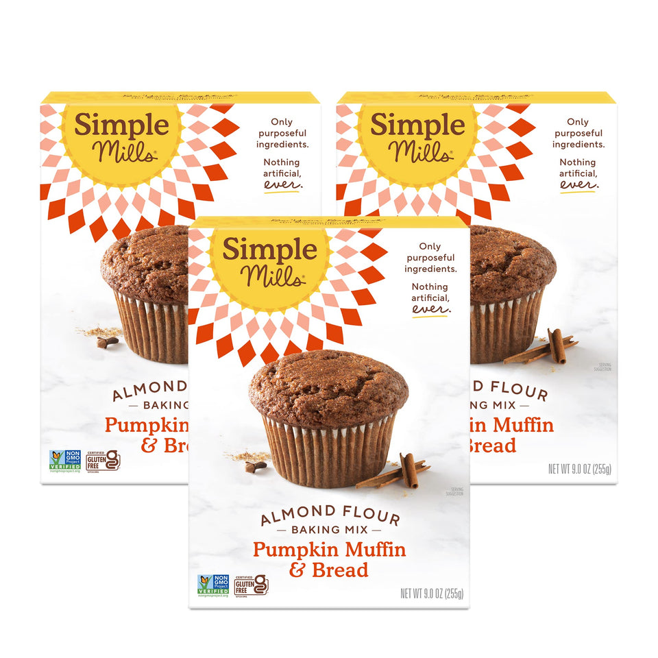 Simple Mills Almond Flour Pumpkin Bread mix box showing a three-pack for easy baking