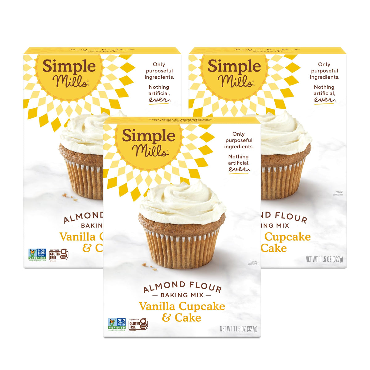 Simple Mills almond flour vanilla cake mix box front, gluten-free baking base for quick desserts.