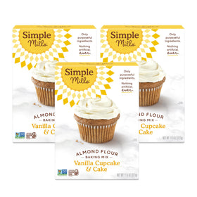 Simple Mills almond flour vanilla cake mix box front, gluten-free baking base for quick desserts.