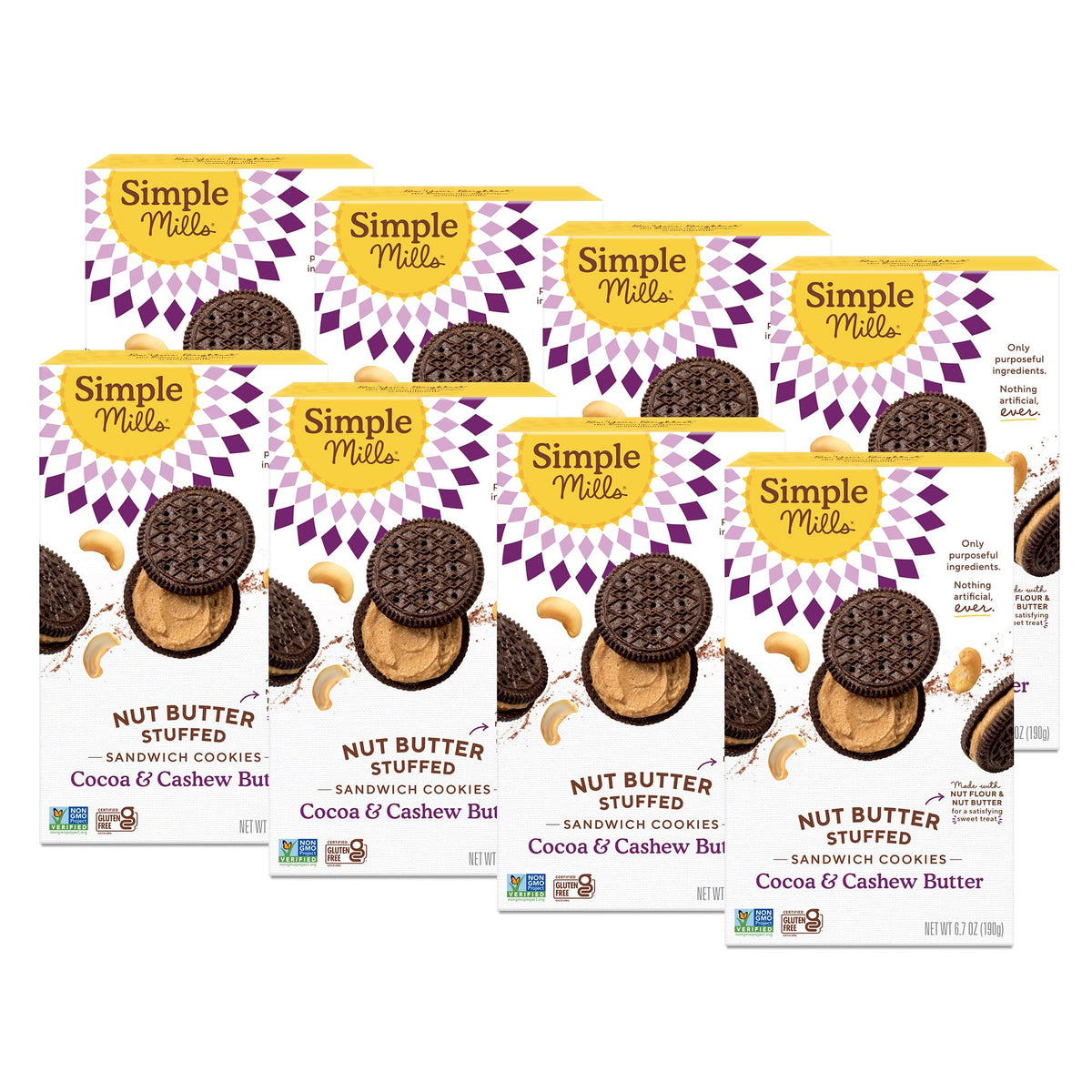Simple Mills Cocoa Cashew Creme Sandwich Cookies 8 pack displayed on a plate for gluten free snacking