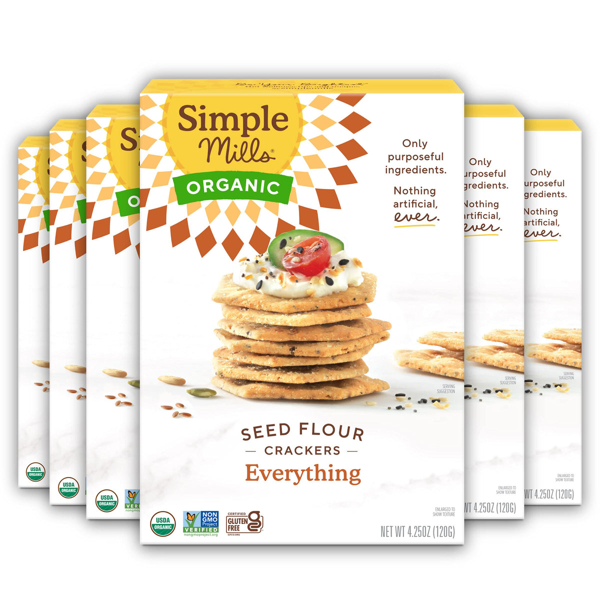 Simple Mills Everything Seed Crackers box shown, gluten-free and plant-based option
