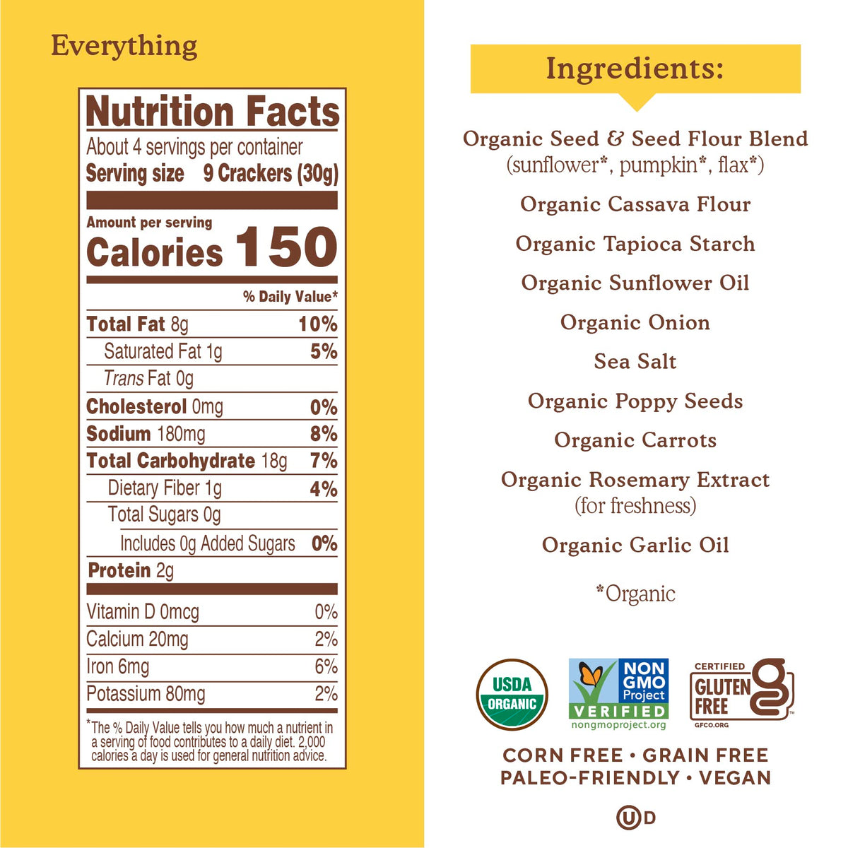 Simple Mills Everything Seed Crackers nutrition label highlights gluten-free, grain-free ingredients for mindful snacking.
