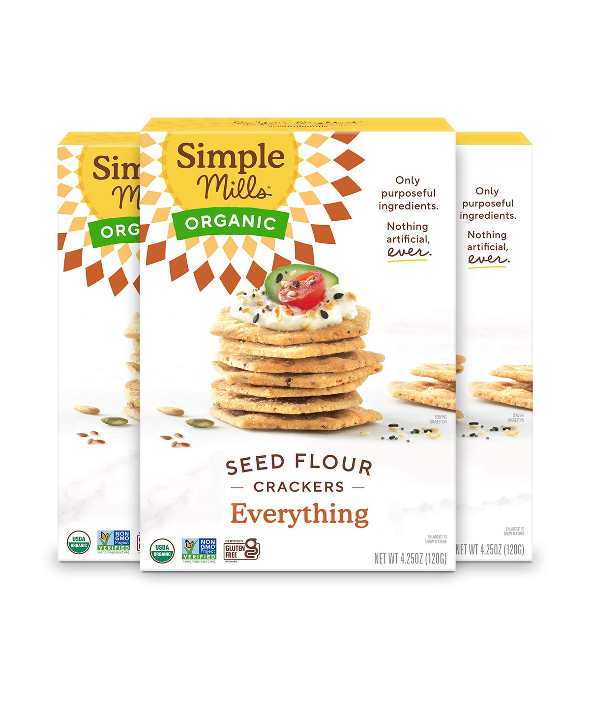 Simple Mills Everything Seed Crackers packaging view highlights a gluten-free, plant-based snack option.