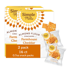 Simple Mills Farmhouse Cheddar crackers box, gluten-free almond flour crackers for on-the-go snacking
