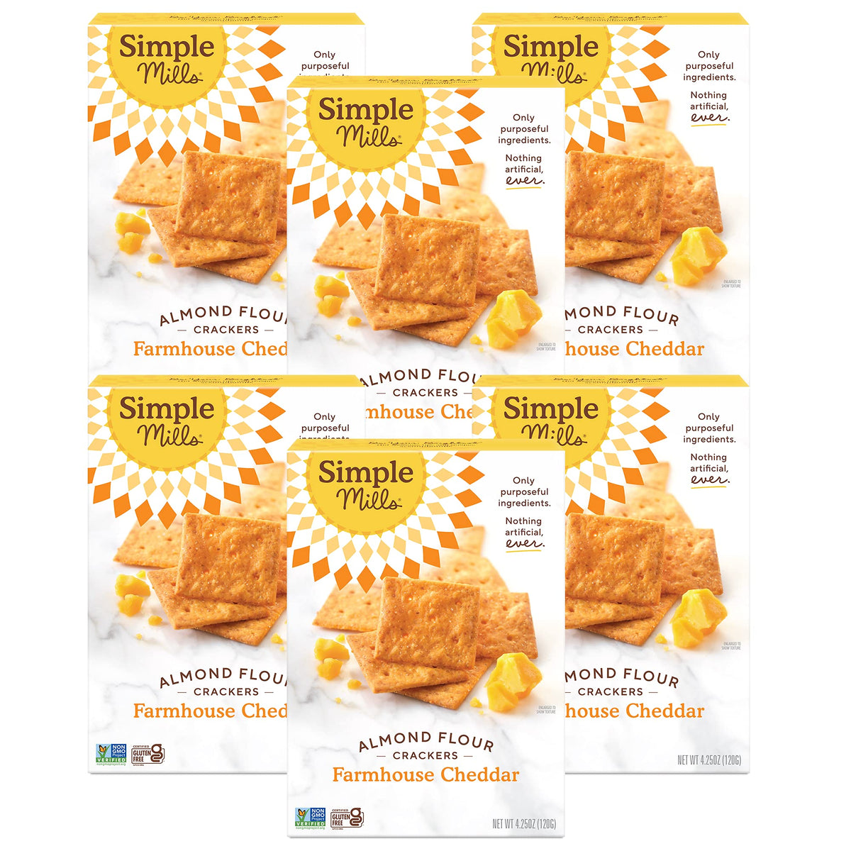 Simple Mills Farmhouse Cheddar crackers box offers a gluten-free, convenient snack.