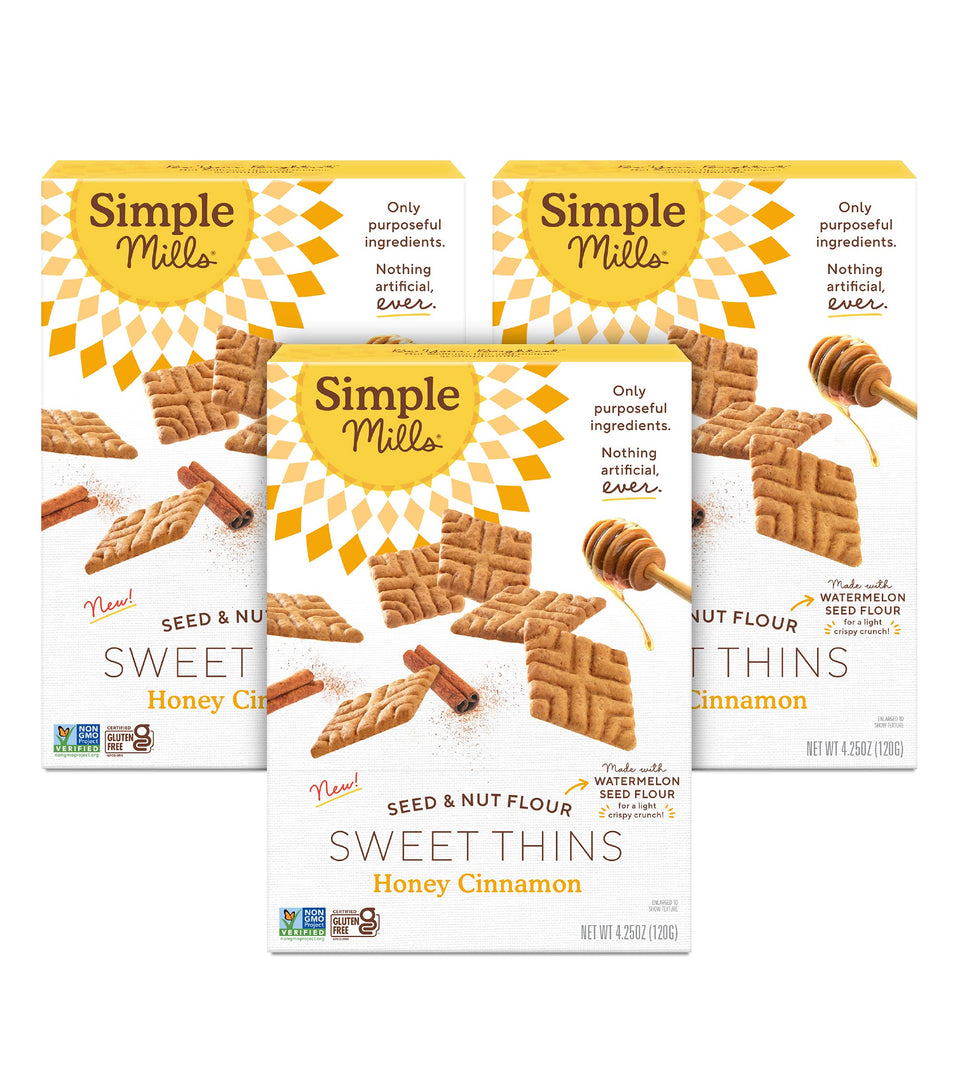 Simple Mills Honey Cinnamon Sweet Thins packaging ready for convenient snacking.