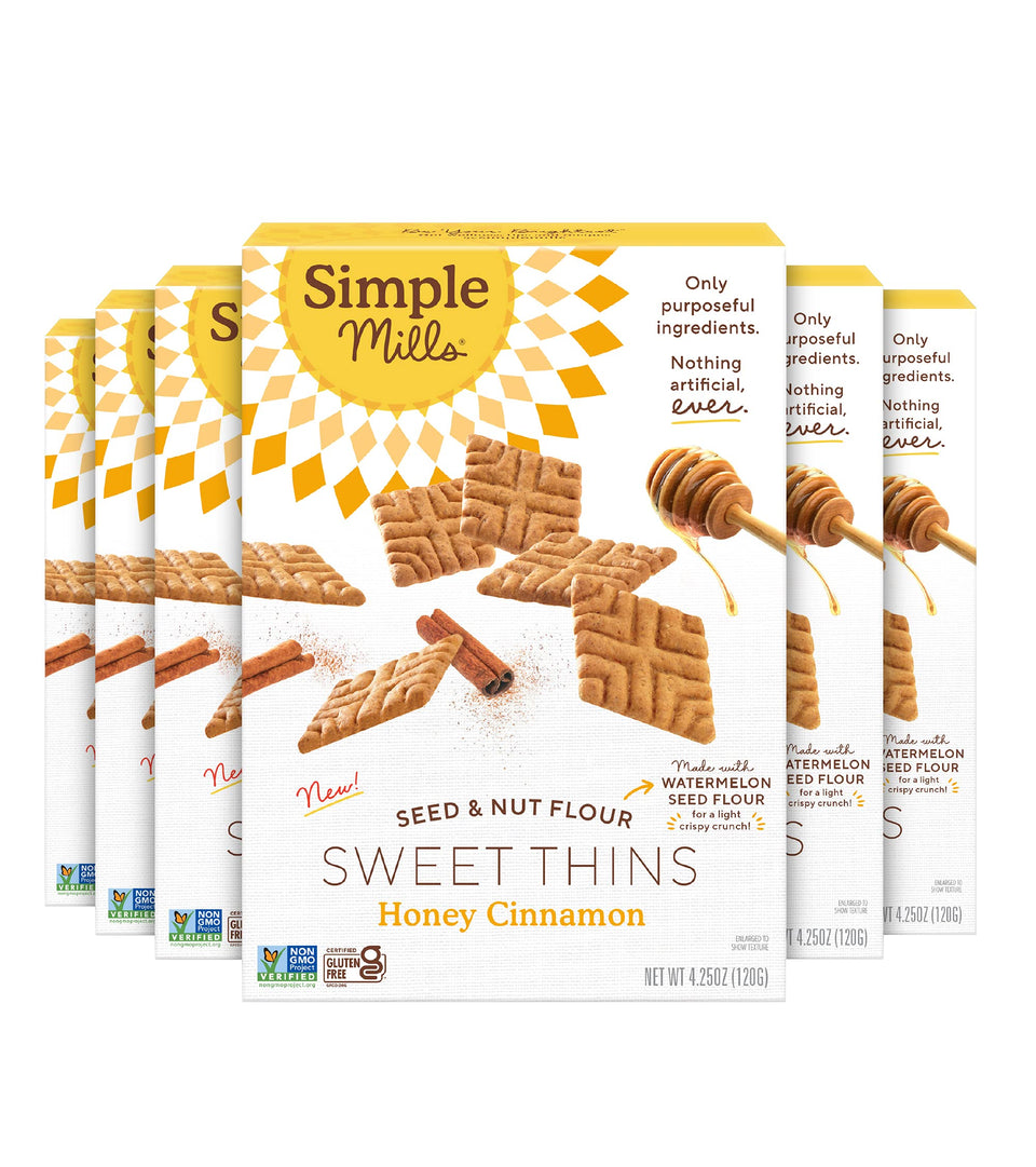 Simple Mills Honey Cinnamon Sweet Thins packaging shows a convenient six-pack for on-the-go snacking.