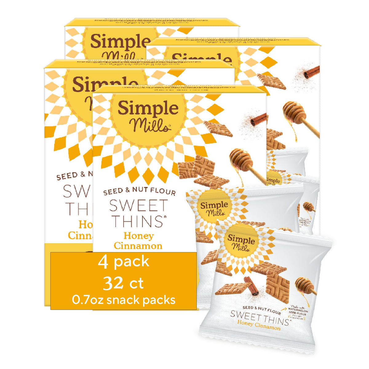 Simple Mills Honey Cinnamon Sweet Thins snack packs in a box, convenient for busy mornings.